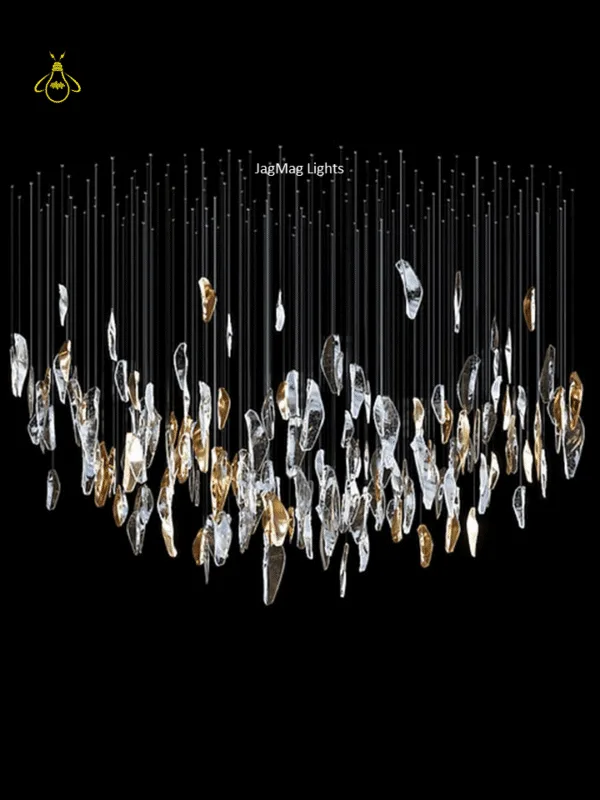 Glass jhumar cascade chandelier side profile showing the mounded glass-leaf cluster for a living room