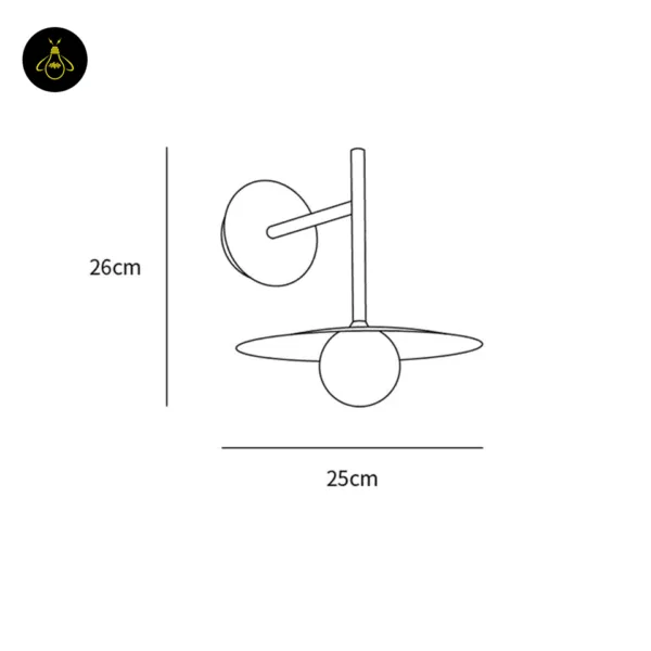 Black wall lamp size drawing: 26 cm height, 25 cm disc width
