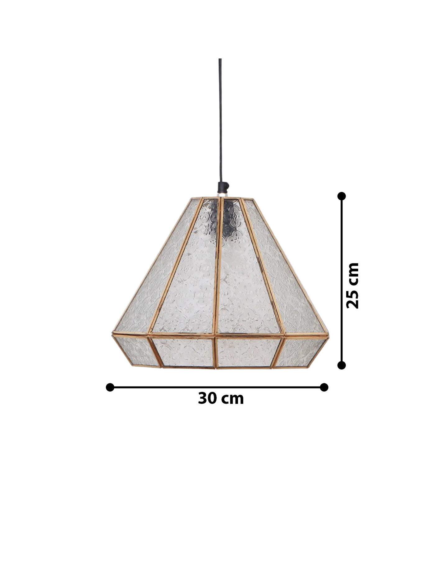 Moroccan Pendant Light – Handcrafted Textured Glass Lantern, 30 cm 4 Moroccan pendant light dimensions diagram showing a 30 cm wide and 25 cm tall glass lantern shade