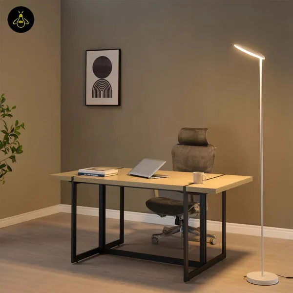 White LED floor lamp with adjustable head angled for reading light