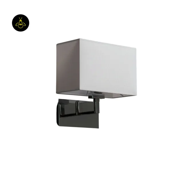 Wall lamp with shade on a white background: rectangular white fabric shade on a chrome stainless steel arm