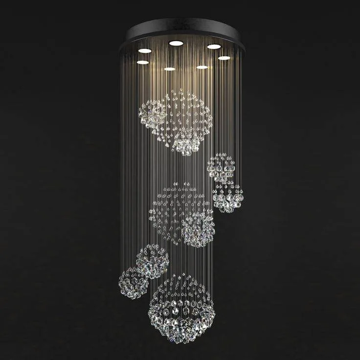 Spiral raindrop chandelier with K9 crystal spheres hanging from a black plate with built-in LED downlights