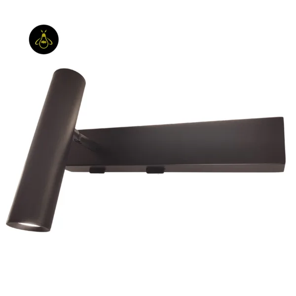Matte black wall reading lamp on white, showing the two switches under the backplate