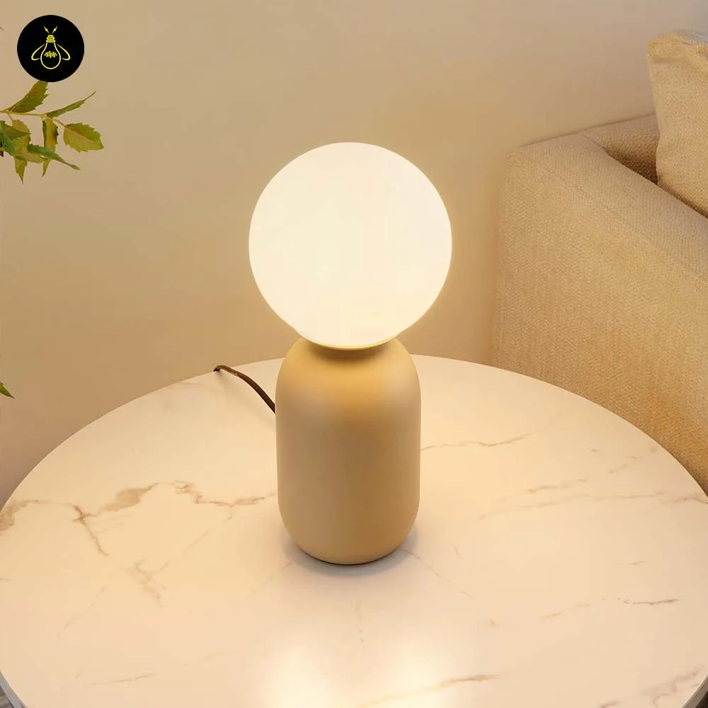 Taupe Table Lamp with White Globe – 42 cm Warm Accent Lamp 3 Taupe table lamp with white opal globe for modern ambient lighting