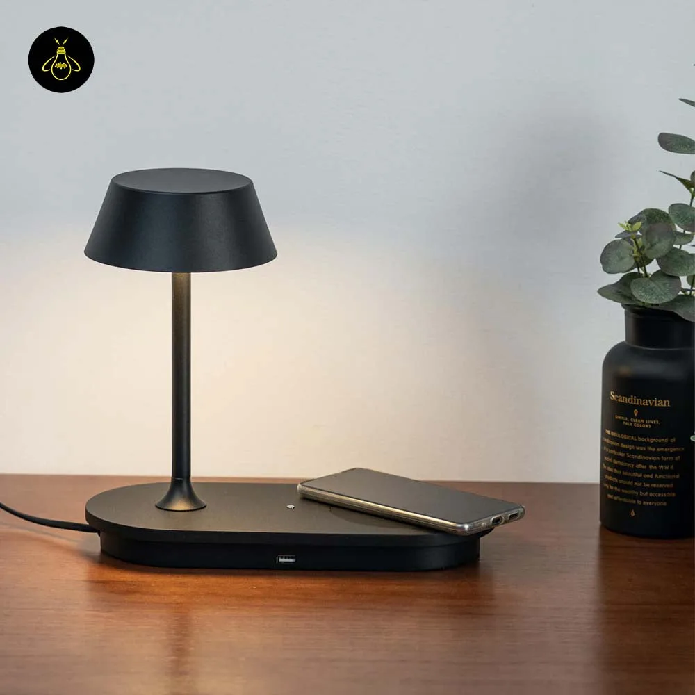 LED Table Lamp with Wireless Charging Pad – Matte Black 7 LED table lamp with wireless charging pad on a study desk with warm glow