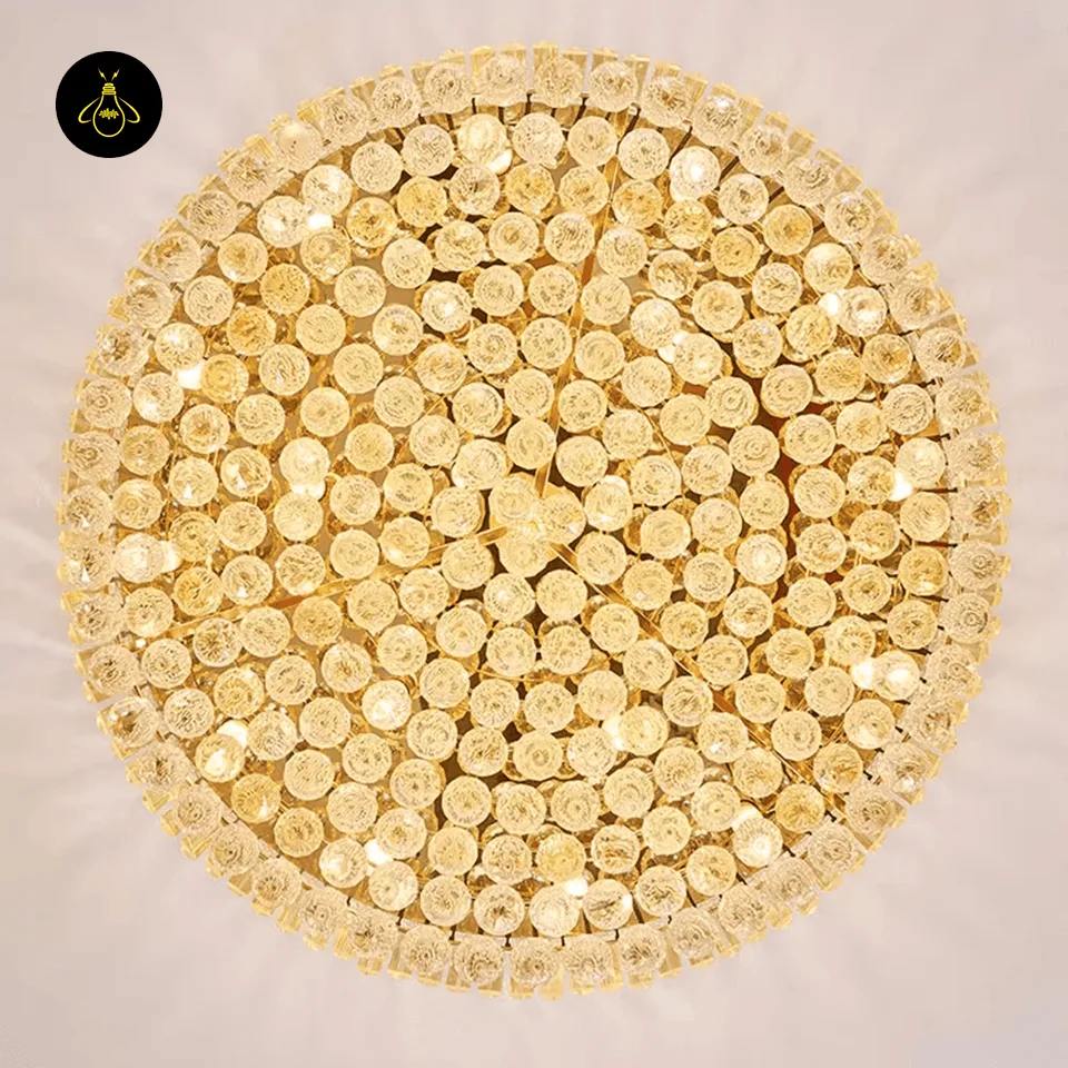 Crystal Ceiling Chandelier – Round Flush-Mount K9, 6 Sizes 19 Underside view of a round crystal ceiling chandelier crystal-ball dome