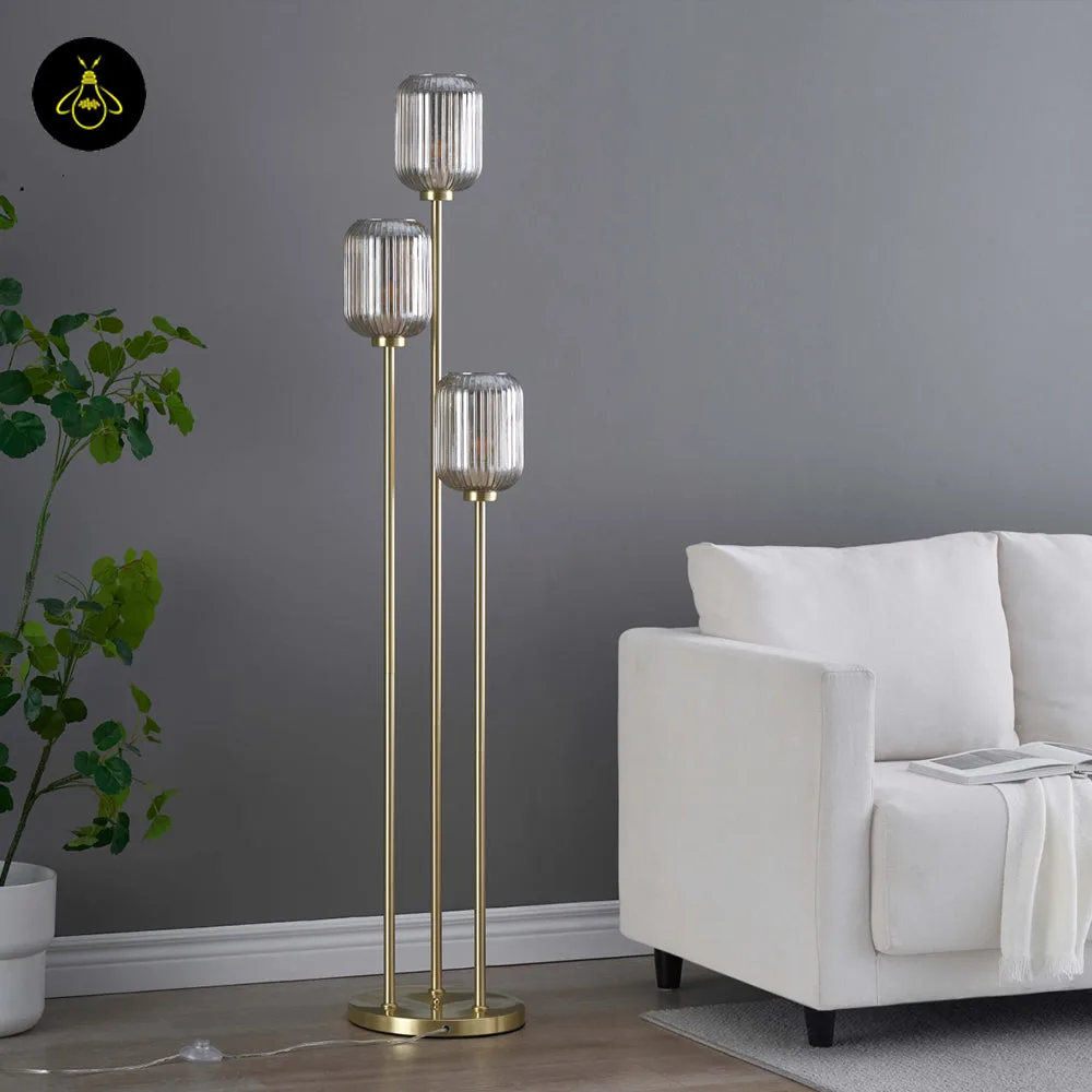 Triple Amber Glass Floor Lamp – 3-Light Gold Ribbed Glass Statement 10 Full-height triple amber glass floor lamp with three staggered gold stems