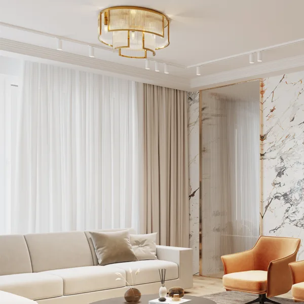 Semi-flush fluted glass chandelier lighting an upscale living room