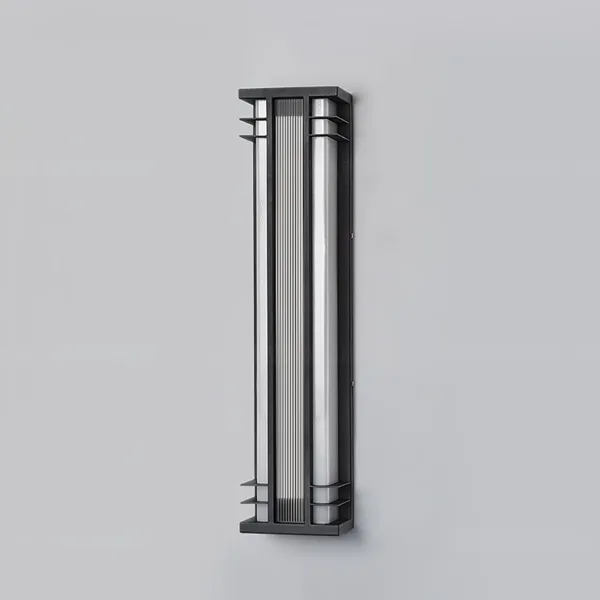 Outdoor wall sconce switched off, showing the matte black 304 stainless steel frame and fins