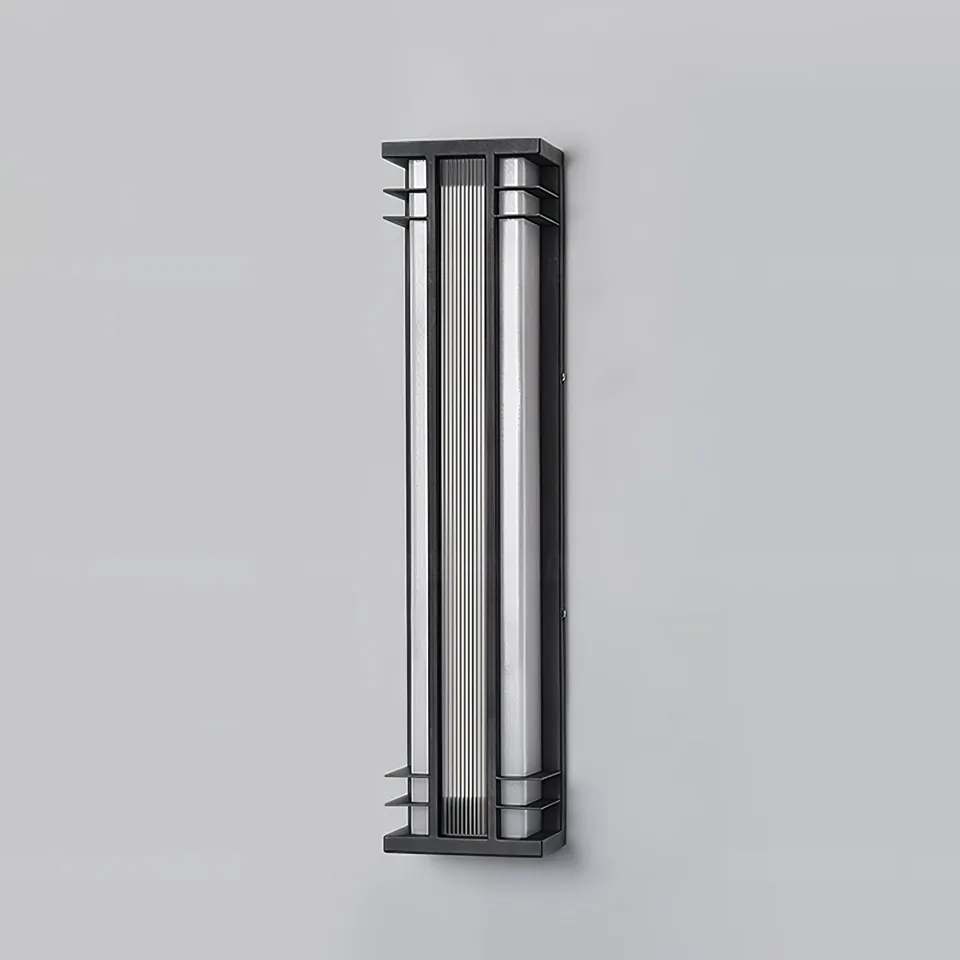 Outdoor Wall Sconce – 70 cm Tall Black & Brass IP65 LED Light 9 Matte-black stainless steel finish detail of an outdoor wall sconce