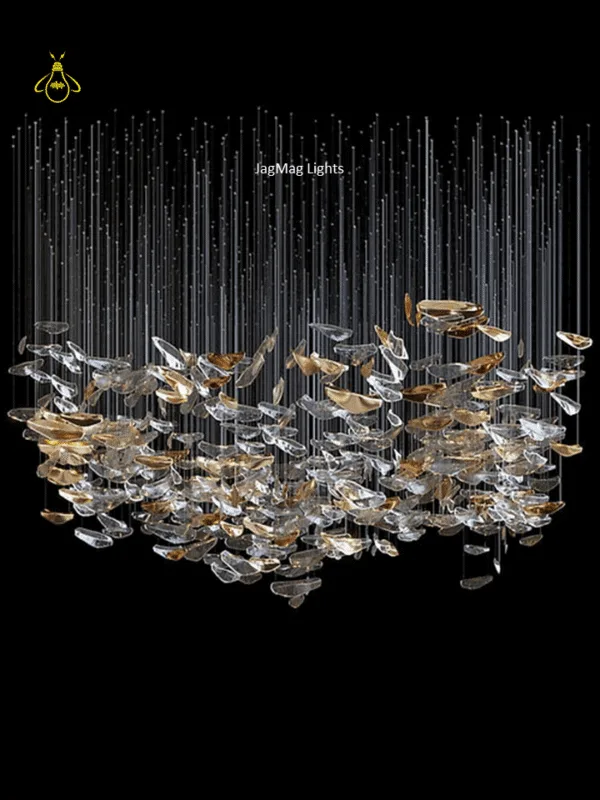 Glass jhumar raindrop chandelier with clear and gold-lustre borosilicate glass leaves for a double-height hall
