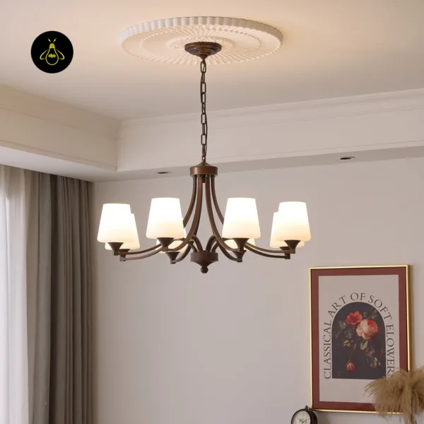 Classic bronze frosted-glass chandelier in an Indian home interior