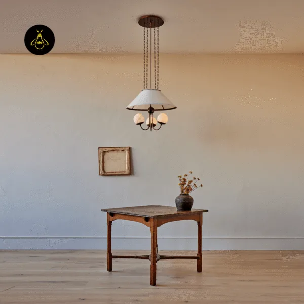 Vintage glass chandelier hanging over a wooden table in a warm, plain-walled room
