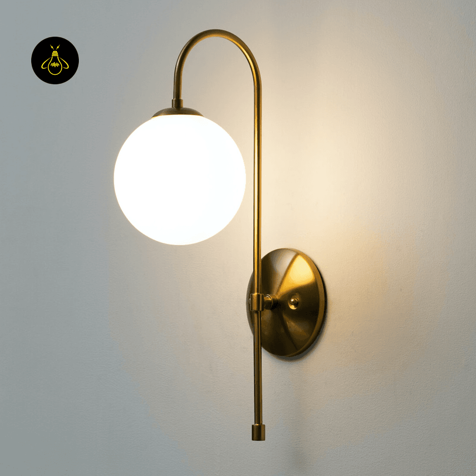 Gold Wall Light for Living Room – Oriol 48 cm Globe Sconce 11 Vintage-gold finish detail of the gold living room wall light with white frosted glass