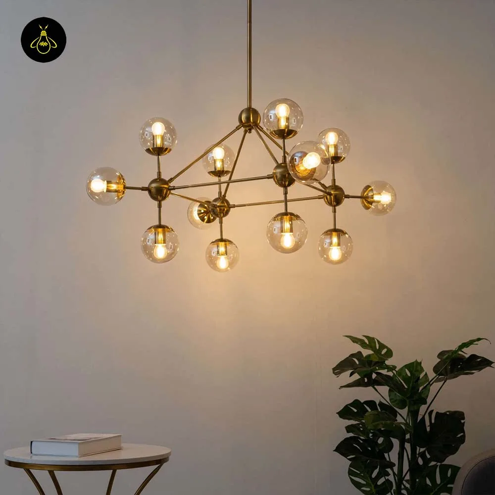 Glass Sphere Chandelier – 12-Globe Vintage Brass, 105 cm | Jagmag Lights 7 Vintage golden glass sphere pendant light lit