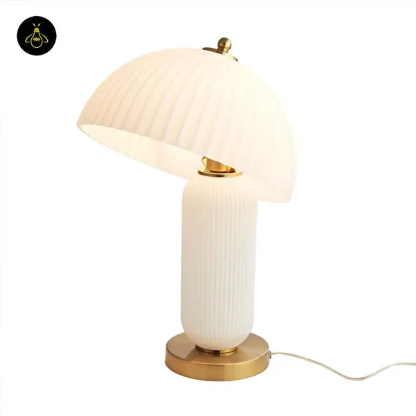 Mushroom table lamp with shade removed showing brass harp and E27 holder