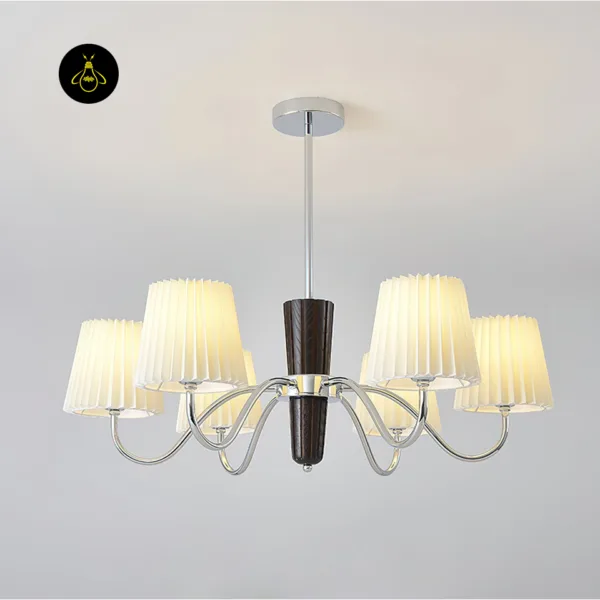 Walnut and chrome fabric chandelier with white pleated fabric shades