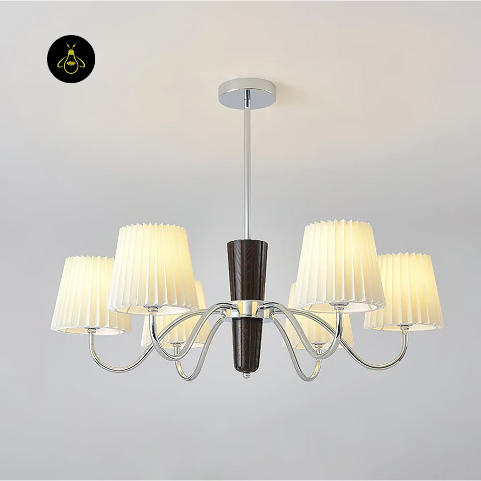 Fabric Chandelier – Designer Shadalia 8-Light Walnut & Chrome, 87 cm 2 Walnut and chrome fabric chandelier with white pleated fabric shades