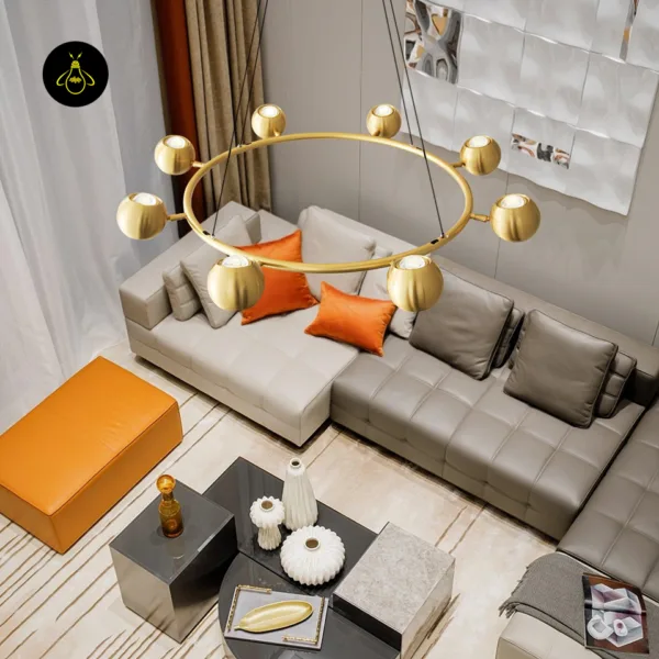 Brass LED chandelier giving warm 3000K light