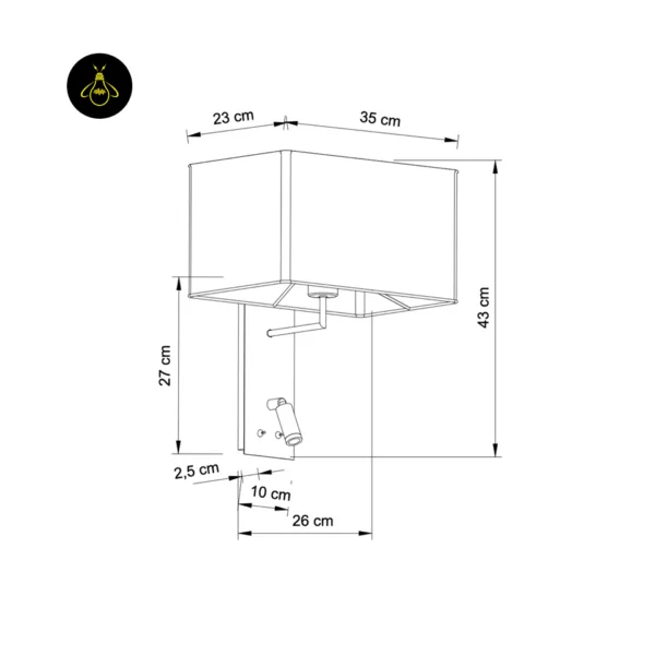 Dimension drawing of the wall mounted bedside light: 35 × 23 cm shade, 43 cm tall, 26 cm projection, 27 × 10 cm backplate