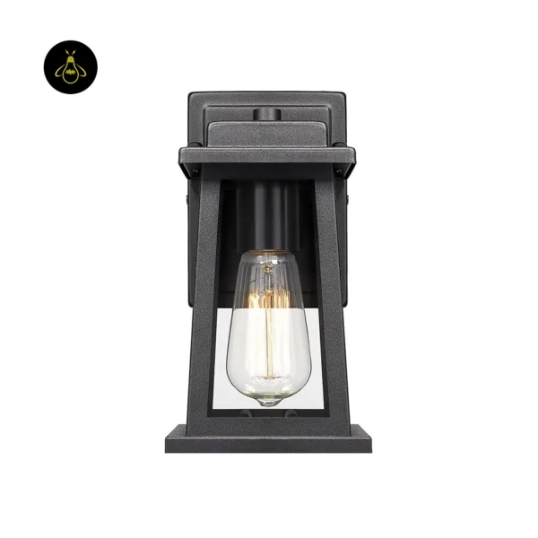 Front view of the outdoor wall lantern: tapered black stainless steel frame, clear borosilicate glass and a filament bulb