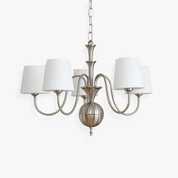 White chandelier with five raw silk empire shades on a brushed nickel stainless steel frame