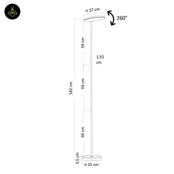 White LED Floor Lamp with Adjustable Head – Sleek Kalena, 182 cm Integrated LED dimension diagram