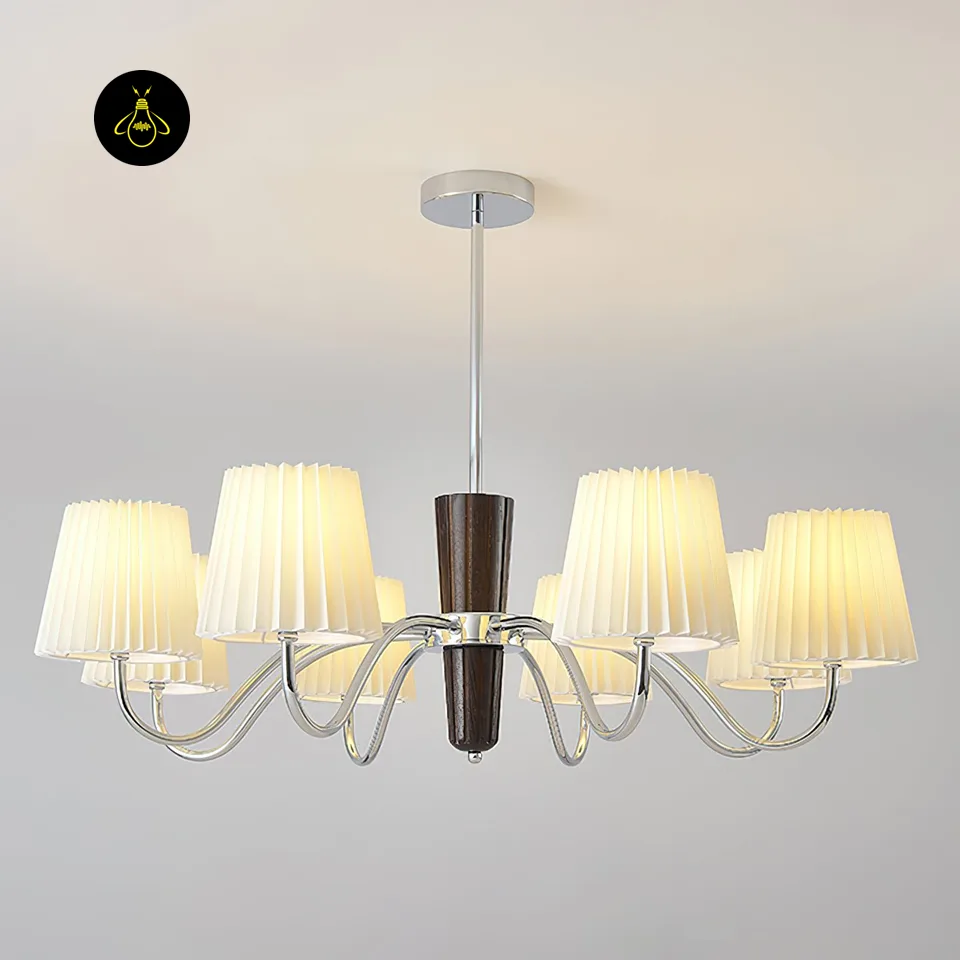 Fabric Chandelier – Designer Shadalia 8-Light Walnut & Chrome, 87 cm 5 Fabric chandelier lighting an indoor room with a soft warm glow