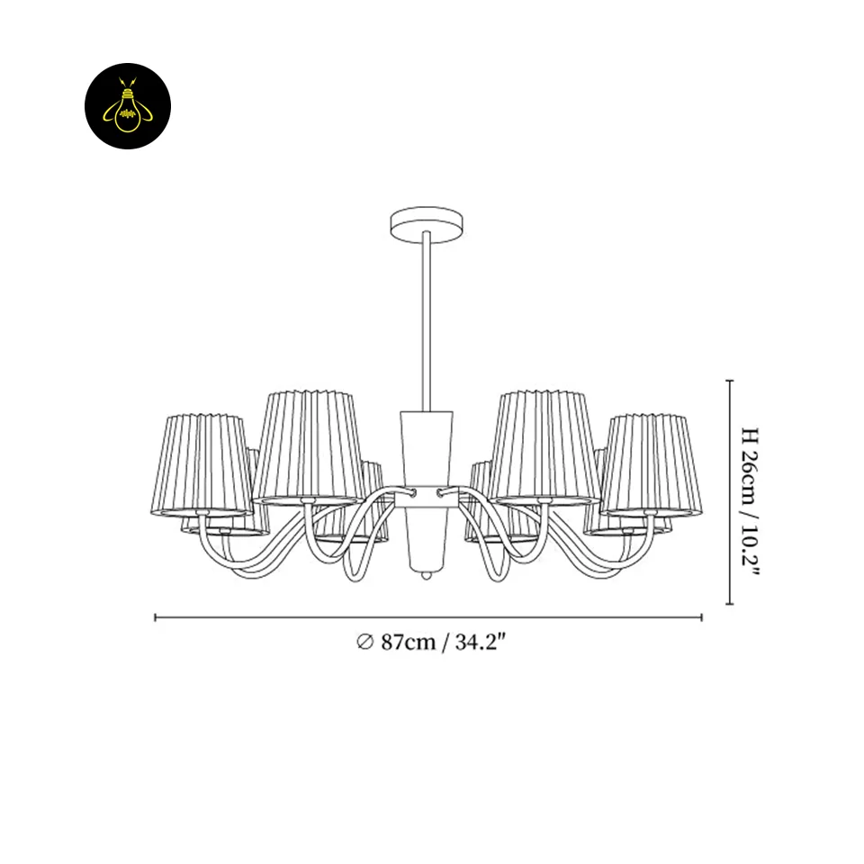 Fabric Chandelier – Designer Shadalia 8-Light Walnut & Chrome, 87 cm 6 Fabric chandelier dimensions showing 87 cm diameter and 26 cm body height