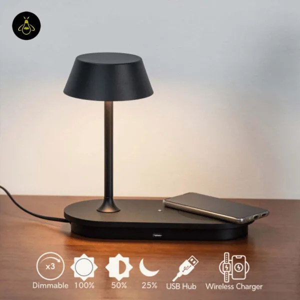 LED table lamp with wireless charging pad showing 3-level dimming and USB hub
