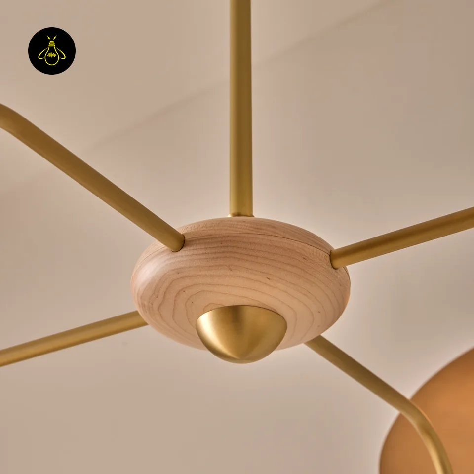 Wood and Brass Chandelier – Arlo 4-Light Bronze Reflectors 12 Wood and brass chandelier with a brass finish and hand-spun bronze reflectors
