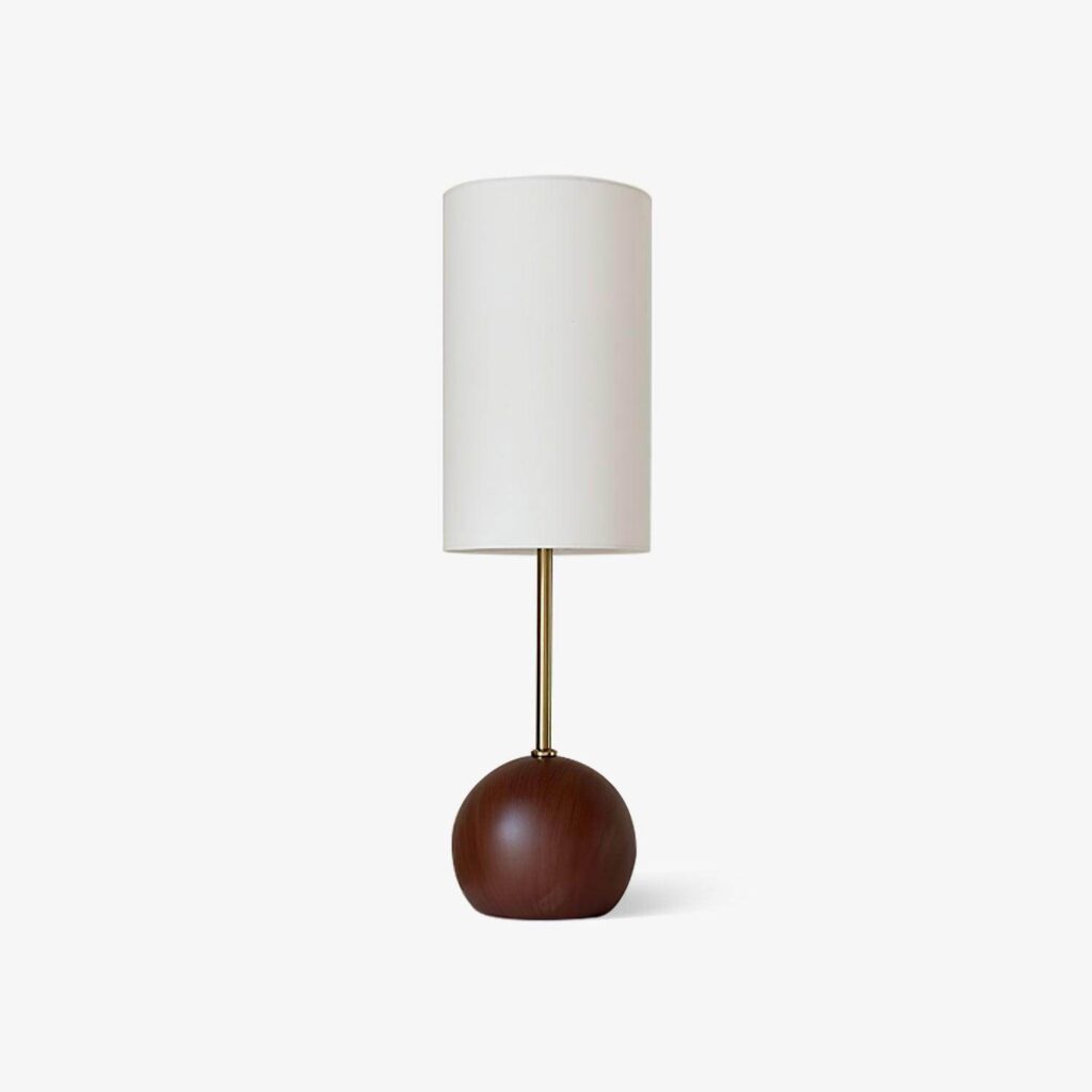 Wooden sphere table lamp with walnut wood base and white fabric cylinder shade, 68 cm tall