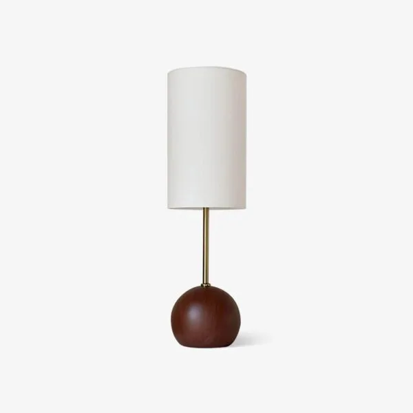 Wooden sphere table lamp with walnut wood base and white fabric cylinder shade, 68 cm tall