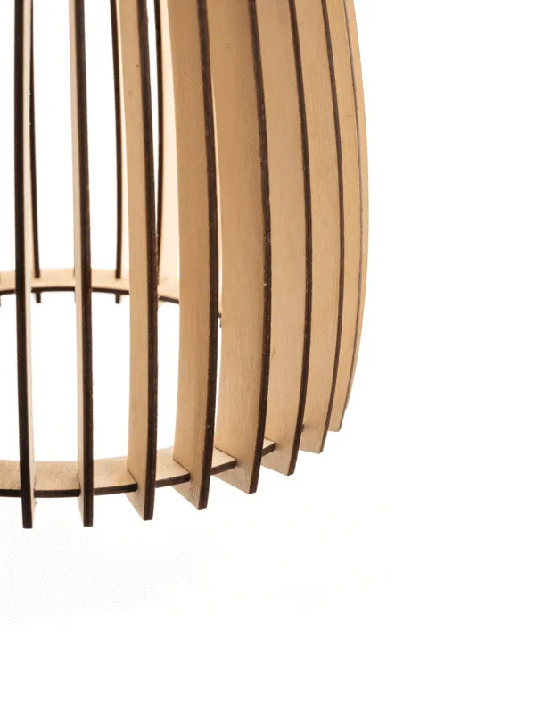 Close-up of the wooden hanging light shade: birch plywood ribs with dark cut edges slotted into the open base ring