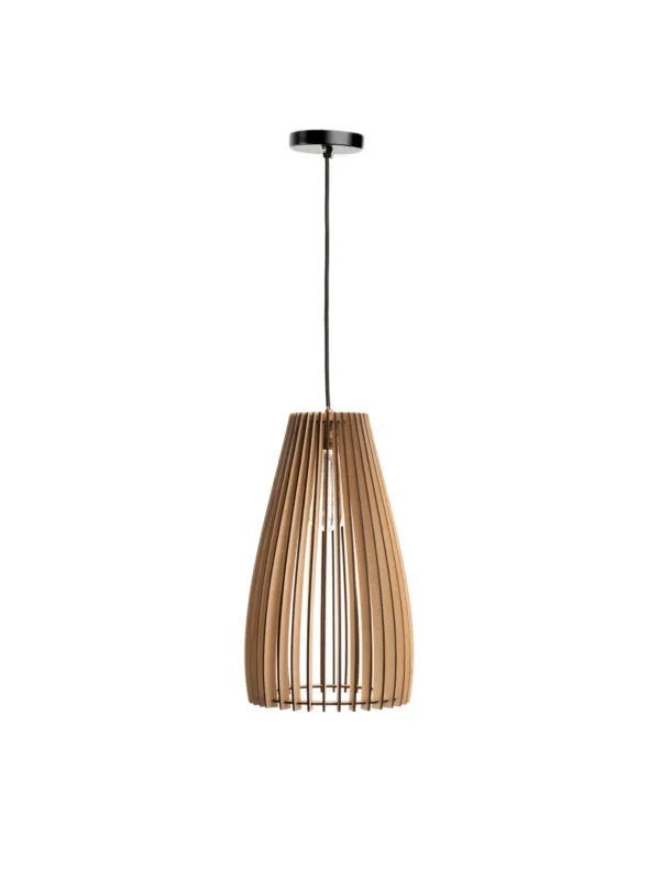 Wooden hanging light, unlit, with a slatted birch teardrop shade on a black cord and matte black ceiling canopy