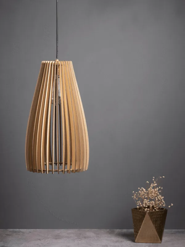 Slatted birch plywood wooden hanging light, unlit, with a clear bulb inside the open-rib teardrop shade