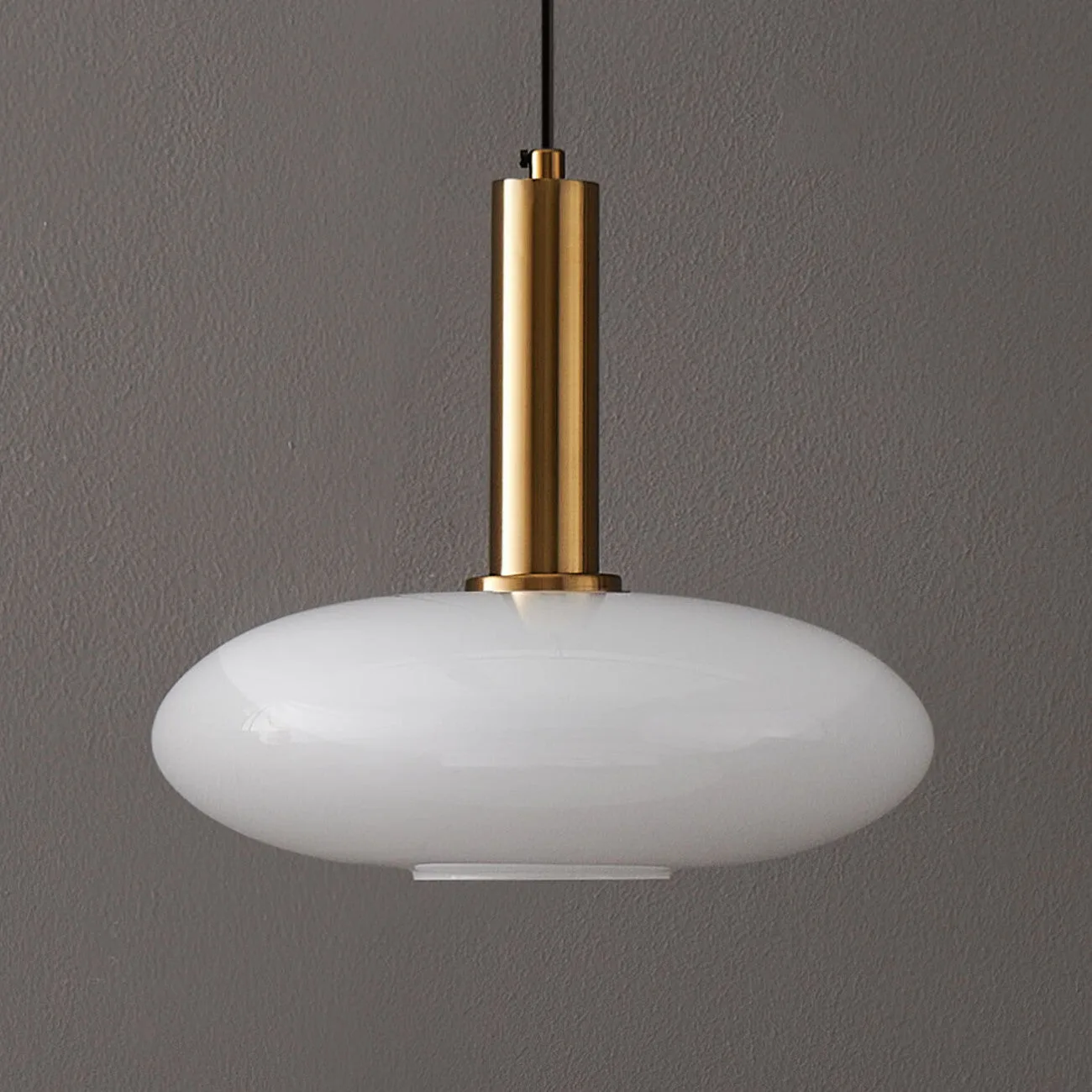 Opaline Glass Pendant Light – Round Brass-Finish Design 2 Round opal-white opaline glass globe pendant light with brass-finished frame
