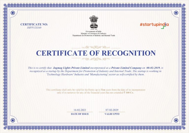 Startup India recognition for Jagmag Lights