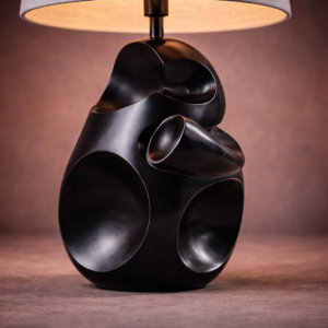 Asymmetrical table lamp close-up showing carved organic wood surface
