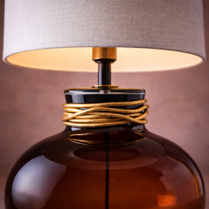 Close-up of modern bedside lamp showing twisted metal collar and amber glass body
