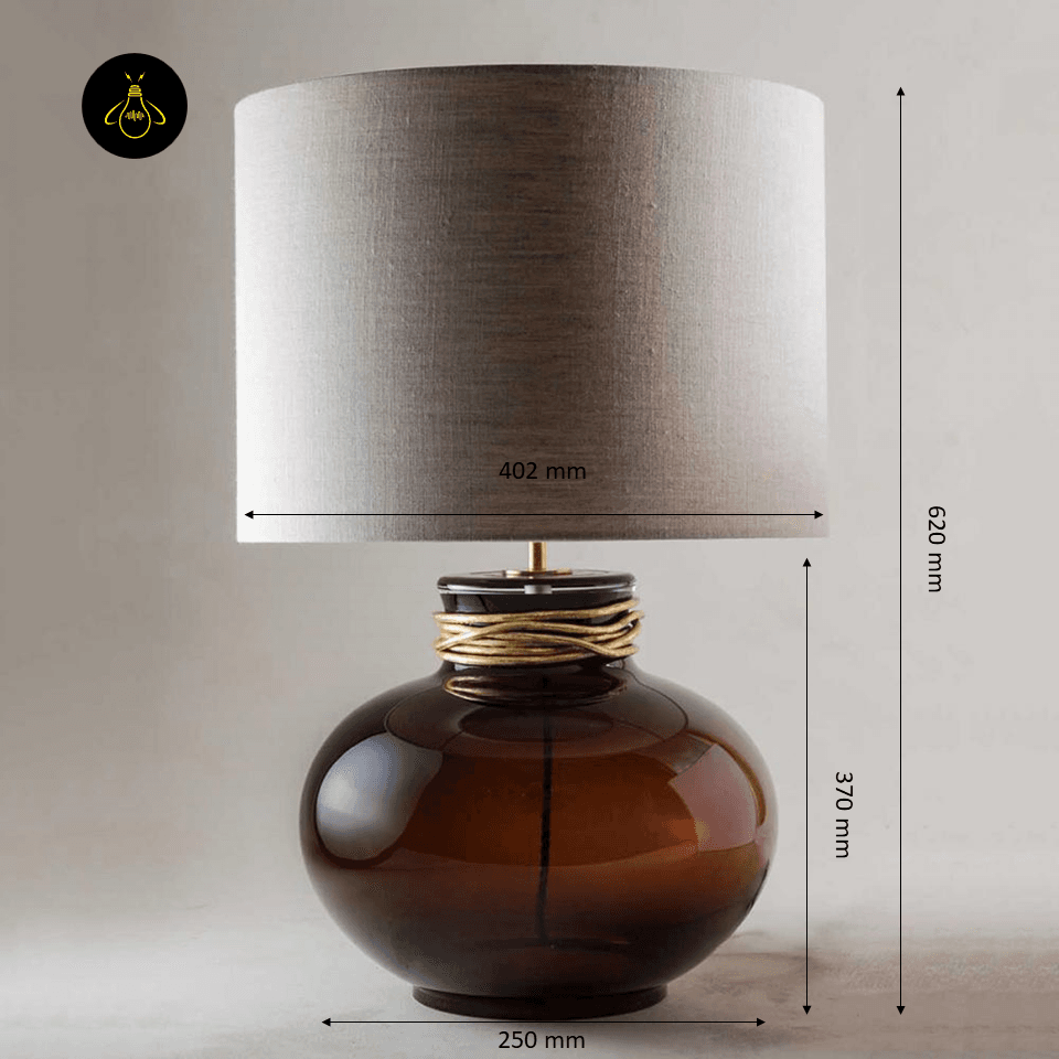 Amber Glass Lamp – Boudica Modern Bedside Table Lamp, 62 cm 3 Amber glass lamp dimensions: 62 cm overall height, 37 cm base, 40.2 cm shade width