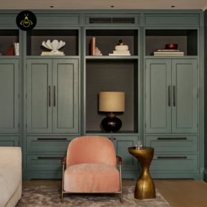 Modern bedside lamp styled in built-in shelving in a living space