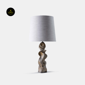 Dorian table lamp with sculptural burnt wood base and tapered fabric shade