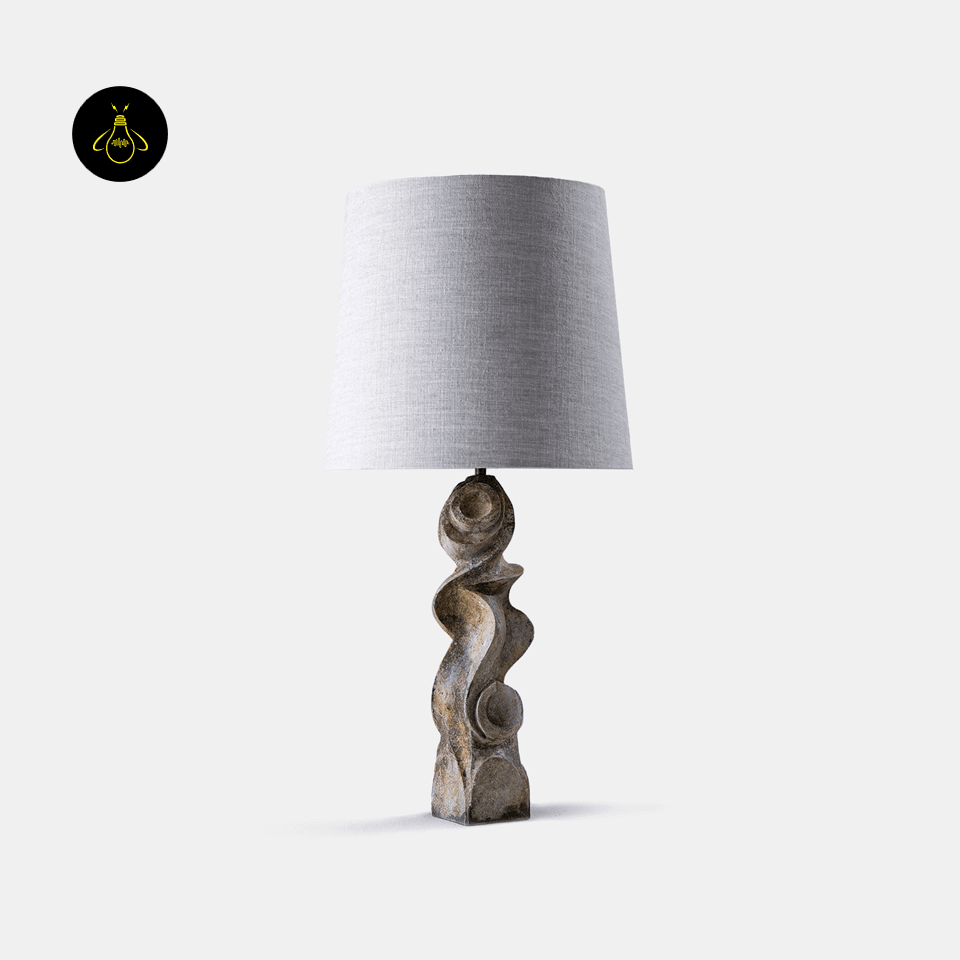 Sculptural Table Lamp – Carved Wood Base with Linen Shade, 72 cm 6 Sculptural table lamp with carved wood base and tapered linen shade