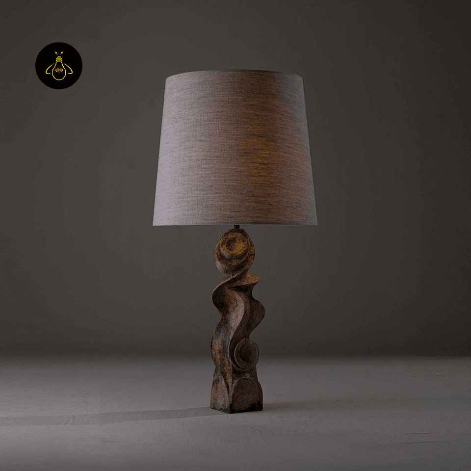 Sculptural Table Lamp – Carved Wood Base with Linen Shade, 72 cm 5 Sculptural table lamp lit, showing carved burnt-wood base detail