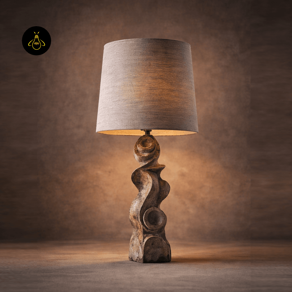 Sculptural Table Lamp – Carved Wood Base with Linen Shade, 72 cm 4 Designer sculptural table lamp hero view with warm ambient light
