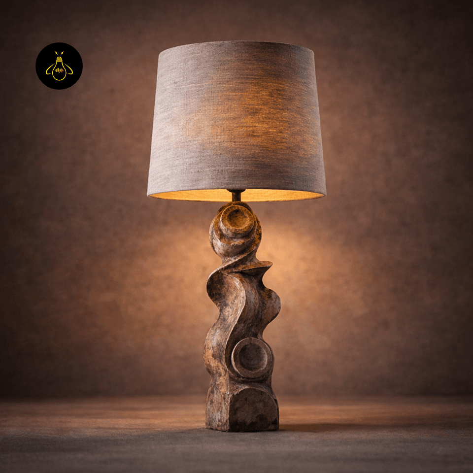 Sculptural Table Lamp – Carved Wood Base with Linen Shade, 72 cm 2 Front view of sculptural carved wood table lamp base