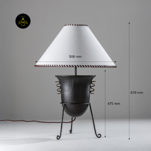 Living room table lamp dimension image showing 670 millimetre overall height and 508 millimetre shade width
