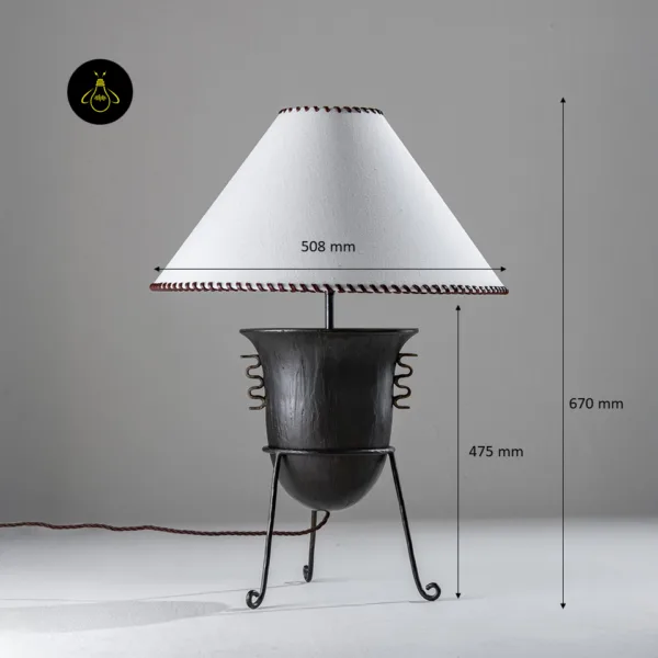 Sculptural wood table lamp dimensions showing 670 mm overall height and 508 mm shade width