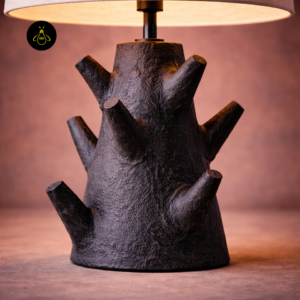 Close-up of rustic table lamp textured wood base with branch details